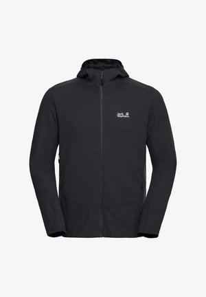 Schwarze Reißverschlussjacke aus strukturiertem Material, mit Kapuze, Akzenten auf den oberen Schultern, Seitentaschen und einem Logo auf der Brust.