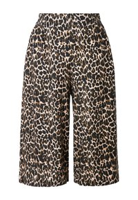 Leopardprint wijde shorts met een elastische tailleband. Gemaakt van lichtgewicht stof, met bruine en zwarte vlekken op een beige achtergrond.