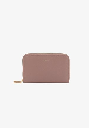 Pink zippered wallet by Carpisa, made of textured material with a smooth finish. Features a gold-tone hardware accent and logo.