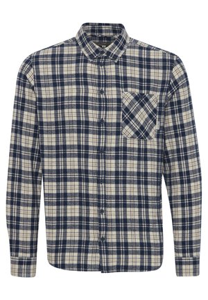 Kariertes Hemd aus Flanell mit Knöpfen in Navyblau und Creme, mit einem Spitzkragen und einer einzelnen Brusttasche.