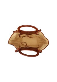 Borsa in pelle marrone con manici ovali, interno in tessuto beige e scomparti aperti, mostrata dall'alto.