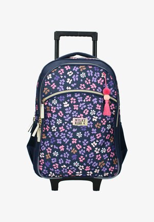 Rugzak op wielen met een marineblauw bloemenpatroon, paarse, roze en bruine accenten. Voorzien van een dubbele ritsvoorkant en een roze decoratieve kwast.