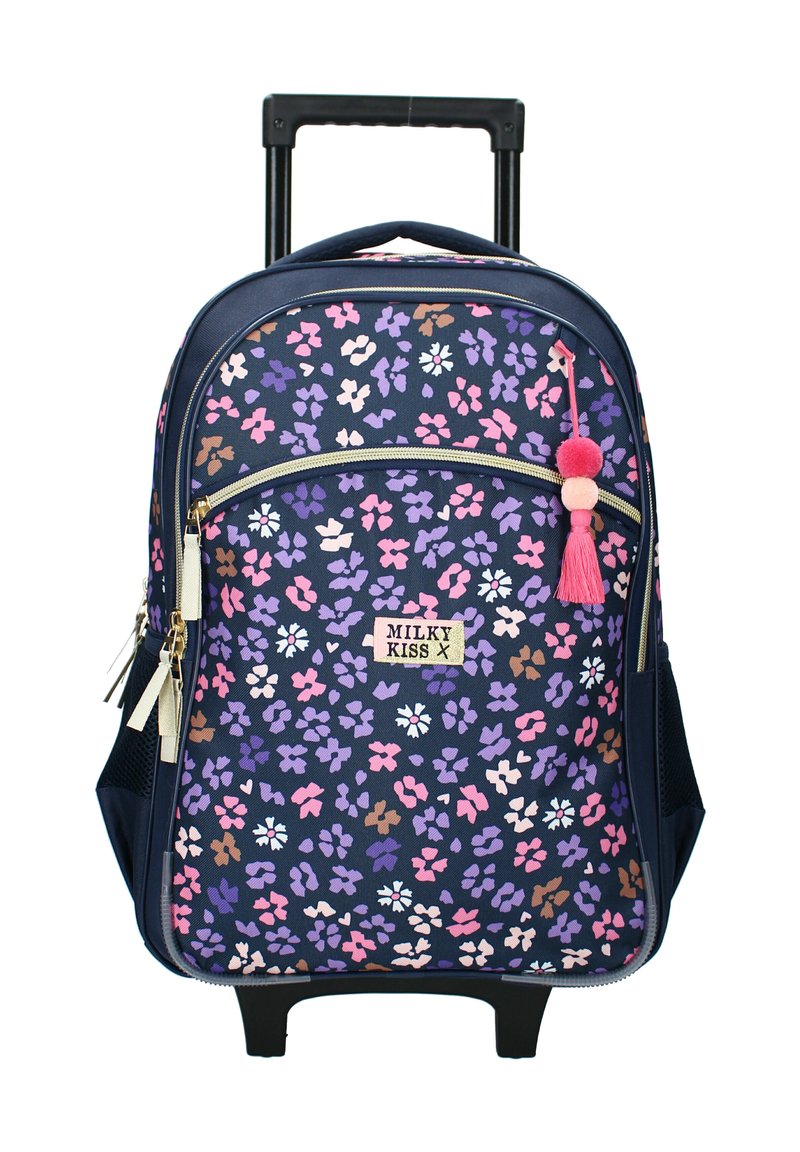 Sac à dos à roulettes avec un motif floral bleu marine, des accents violets, roses et bruns. Il dispose d'une poche avant à double fermeture éclair et d'un pompon décoratif rose.