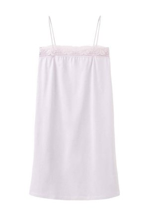 Lila mouwloze nachtjurk met dunne bandjes en kanten rand langs de bovenrand, effen stof, knie-lengte.