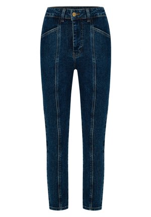 Hoch taillierte dunkelblaue Jeans aus Denim, mit auffälligen Ziernähten und einer figurschmeichelnden Silhouette sowie einem Knopfverschluss.