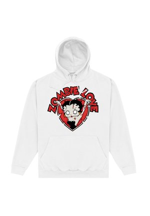 Hvid hoodie med et grafik af en tegneseriefigur med zombietema, omkranset af et rødt hjerte og teksten "ZOMBIE LOVE" i fede sorte bogstaver.