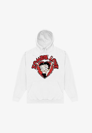 Hvid hoodie med et grafik af en tegneseriefigur med zombietema, omkranset af et rødt hjerte og teksten "ZOMBIE LOVE" i fede sorte bogstaver.