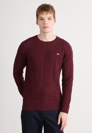 Giovane uomo con pelle chiara e capelli biondi corti, che indossa un maglione a trecce color bordeaux e pantaloni scuri, in piedi davanti a uno sfondo bianco.