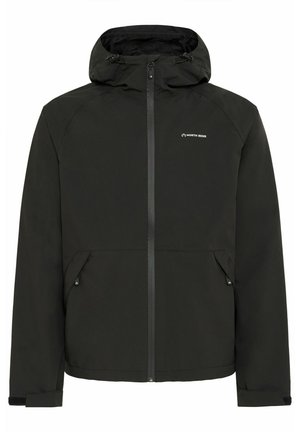 Fekete szabadtéri dzseki kapucnival, elülső cipzárral, oldalsó zsebekkel és állítható mandzsettákkal. Vízálló anyagból készült, minimalista dizájnnal rendelkezik.