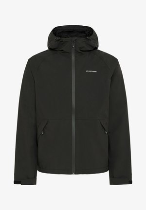 Fekete szabadtéri dzseki kapucnival, elülső cipzárral, oldalsó zsebekkel és állítható mandzsettákkal. Vízálló anyagból készült, minimalista dizájnnal rendelkezik.