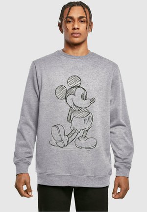 Gray sweatshirt featuring a black sketched Mickey Mouse design on the front. Long sleeves, round neck, and ribbed cuffs.