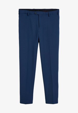 Sötétkék nadrág sima anyagból, lapos elejű, egyenes lábú, gombos záródással és övhurkokkal. Minimalista dizájn.