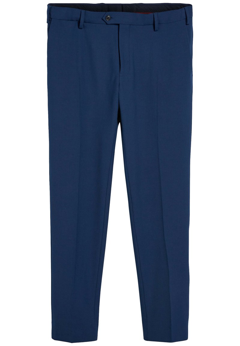 Tumed sinised püksid, valmistatud siledast kangast, millel on lame ees, sirged sääred, nööbikinnitus ja vöökohad. Minimalistlik disain.