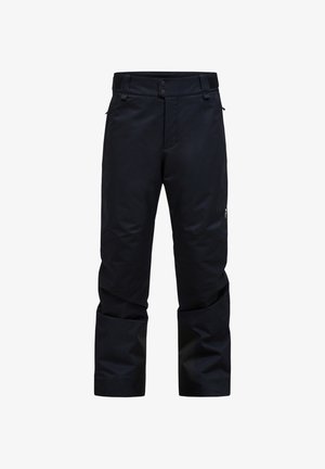 Pantaloni neri impermeabili con taglio dritto, chiusura con due bottoni, tasche con zip e vita regolabile. Presentano un tessuto liscio e resistente.