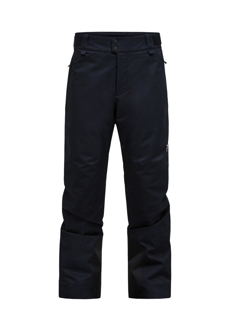 Zwarte waterdichte broek met een rechte snit, twee knoopsluitingen, ritszakken en een verstelbare tailleband. Beschikt over een gladde, duurzame stof.