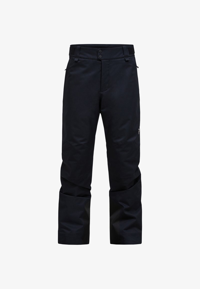 Black waterproof pants with a straight cut, two button closure, zippered pockets, and adjustable waistband. Features smooth, durable fabric.