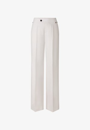 High-waisted white dress pants with a straight-leg cut, front pleats, and black button closure on an elastic waistband.