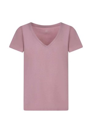 T-shirt à manches courtes pour femme, col en V, de couleur mauve clair, design uni et coupe régulière, présenté sur fond blanc.