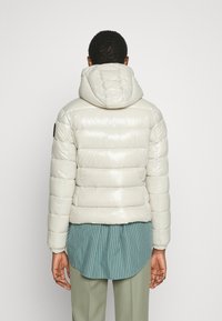 Person iført en lys beige dunjakke med hætte, en grøn vertikalt stribet skjorte og lys grågrønne bukser, vendt væk mod en ensfarvet baggrund.