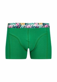 Grüne Boxershorts mit einem blumengemusterten Bündchen, das den Markennamen "JACK & JONES" trägt. Glatte Textur und figurnaher Schnitt.