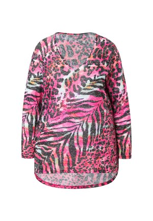 Camicia a maniche lunghe con scollo a V, caratterizzata da un vivace motivo animalier in rosa, nero, grigio e arancione che mescola elementi di design di leopardo e zebra.