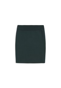 Jupe droite tricotée vert foncé avec une large ceinture côtelée, présentée à plat sur un fond blanc.
