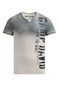 Gray gradient short-sleeve t-shirt with a v-neck, featuring black text and graphic designs along the front. Text includes brand name "Camp David."