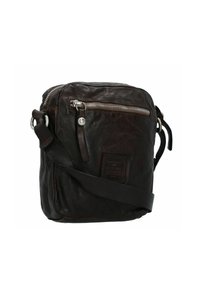 Borsa a tracolla in pelle marrone con una texture morbida, tasca frontale con zip, tracolla regolabile e un dettaglio con etichetta vintage.