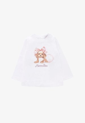 Witte lange mouwen T-shirt met een cartoonhond met een roze strik. "Marmelada" is gedrukt in sprankelende letters onder het ontwerp.