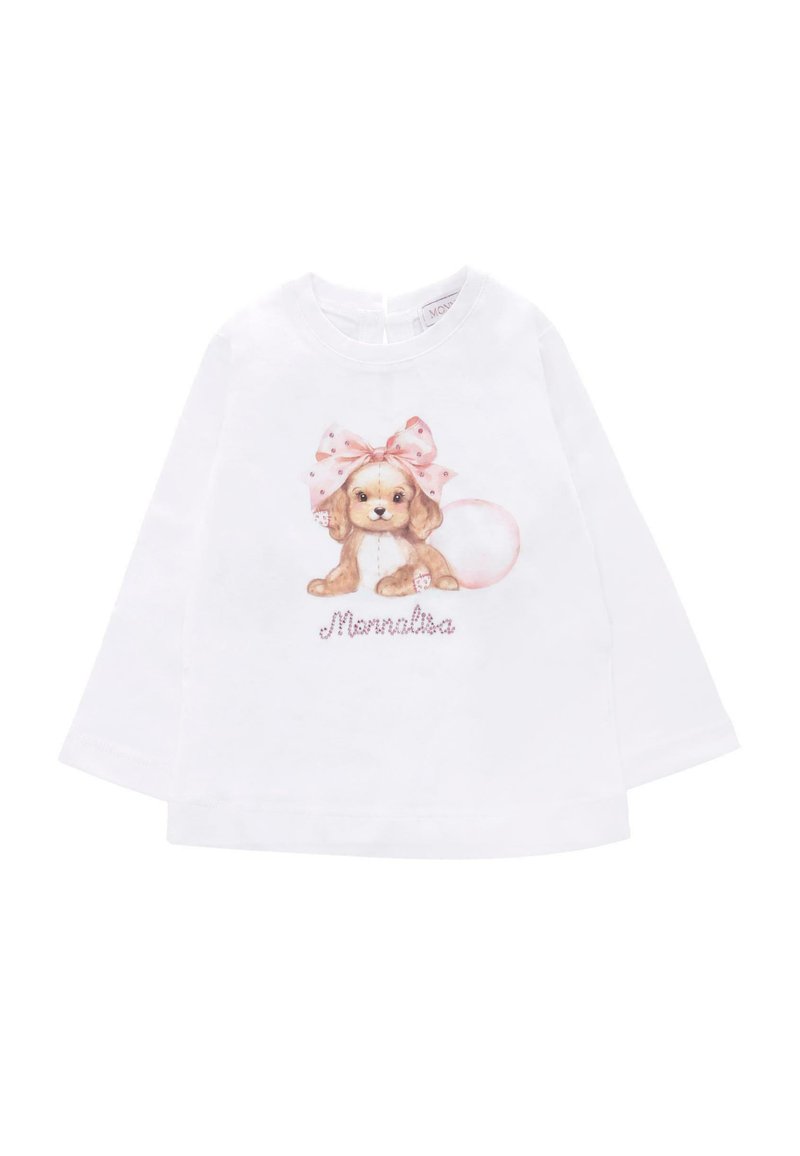 Witte lange mouwen T-shirt met een cartoonhond met een roze strik. "Marmelada" is gedrukt in sprankelende letters onder het ontwerp.