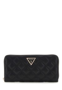 Black quilted wallet featuring a gold-tone triangular logo plate and a zip closure. Textured synthetic material with diamond pattern detailing.