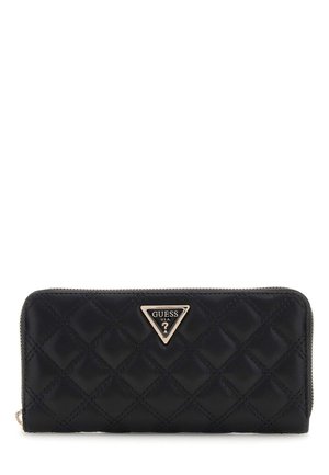 Black quilted wallet featuring a gold-tone triangular logo plate and a zip closure. Textured synthetic material with diamond pattern detailing.