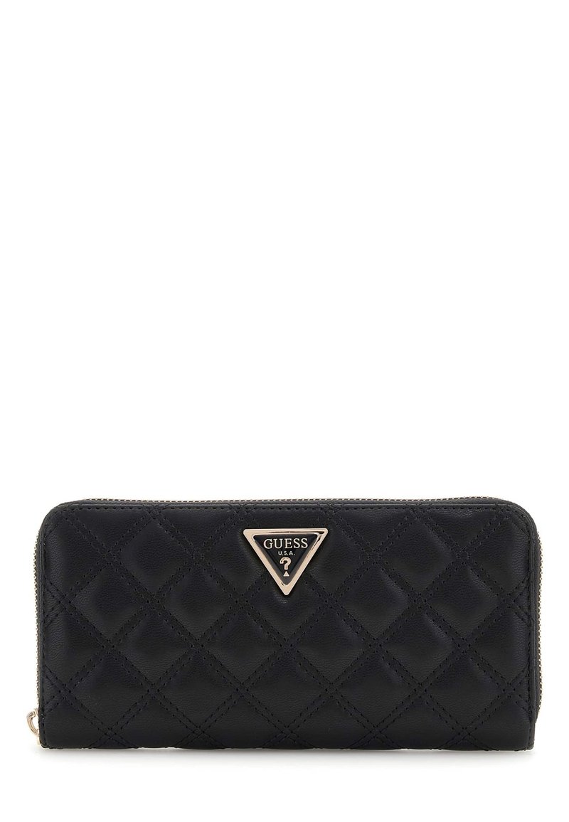 Black quilted wallet featuring a gold-tone triangular logo plate and a zip closure. Textured synthetic material with diamond pattern detailing.