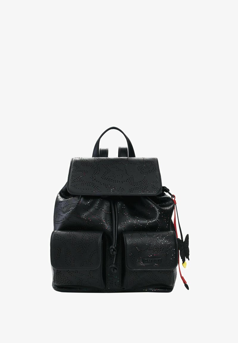 Black leather backpack with two front pockets, perforated floral pattern, drawstring closure, and butterfly-shaped zipper pull with red and yellow accents.