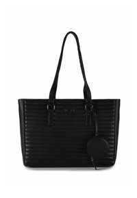 Schwarze Leder-Shopper-Tasche mit horizontaler Steppung, zwei Schulterriemen und einer runden, angebrachten Münztasche mit Reißverschluss.