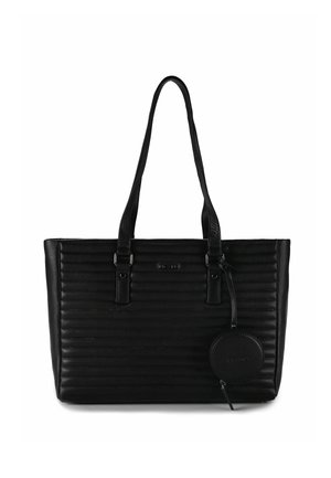 Sac cabas en cuir noir avec matelassage horizontal, deux anses d'épaule, et une petite pochette ronde attachée avec fermeture éclair.