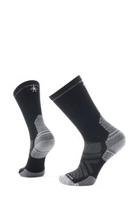 Schwarze und graue Sportstrümpfe mit geripptem Design, gepolstertem Fersen- und Zehenbereich, kontrastierenden Texturen und Logodetail.