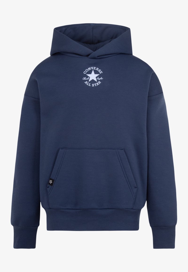 Marineblauwe hoodie van een zachte katoenmix, met een voorzak, ribgebreide mouwen en elastische zoom, voorzien van een witte logo-afdruk op de borst.