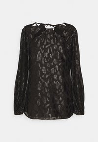 Blusa nera a maniche lunghe con stampa leopardata astratta lucida, scollatura rotonda e dettagli incrociati con lacci nella parte superiore del petto e sulla schiena.