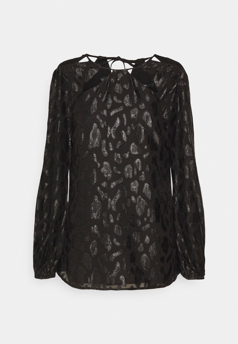 Blusa nera a maniche lunghe con stampa leopardata astratta lucida, scollatura rotonda e dettagli incrociati con lacci nella parte superiore del petto e sulla schiena.