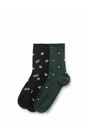 Drei Paare Crew-Socken in Schwarz und Dunkelgrün mit Mustern aus Geldscheinen, Totenköpfen und 8-Ball.