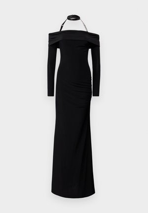 Abito nero off-the-shoulder con maniche lunghe, dettaglio arricciato e silhouette aderente, realizzato in un tessuto liscio e elastico.