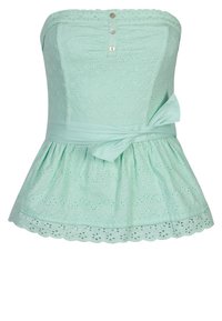 Top verde menta senza spalline con motivo in broderie floreale, dotato di un corpo con bottoni e vita cinched con un fiocco annodato, orlo svasato.