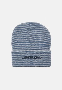 Strikket lue i blå og hvite striper med brettet kant. Har "SANTA CRUZ" brodert i mørkeblått. Myk tekstur, avslappet design.