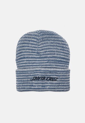 Strikket lue i blå og hvite striper med brettet kant. Har "SANTA CRUZ" brodert i mørkeblått. Myk tekstur, avslappet design.