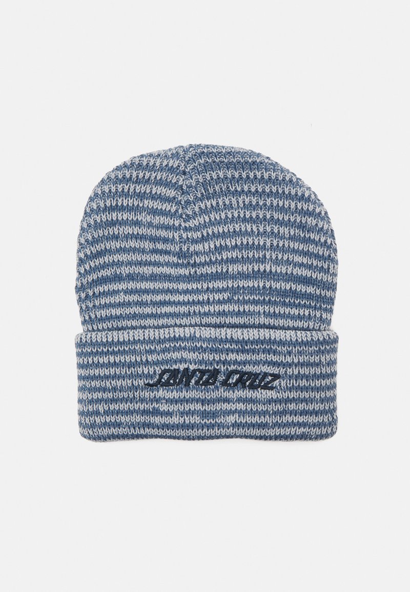 Strikket lue i blå og hvite striper med brettet kant. Har "SANTA CRUZ" brodert i mørkeblått. Myk tekstur, avslappet design.