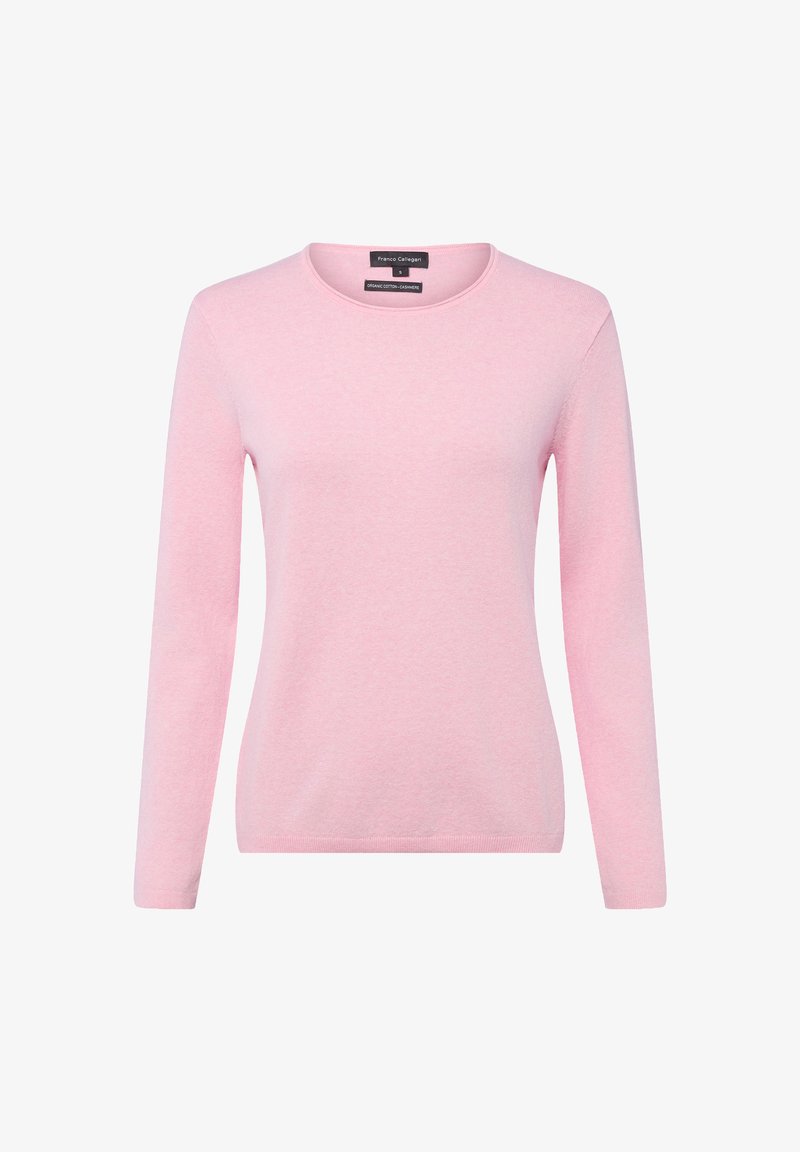 Pinkfarbener Pullover mit langen Ärmeln aus Bio-Baumwolle. Ausgestattet mit rundem Ausschnitt und weicher Textur, minimalistisch gestaltet.