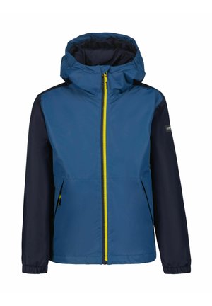 Blau und marineblau Jacke mit Kapuze, gelbem Reißverschluss, langen Ärmeln und elastischen Bündchen. Verfügt über ein glattes, wasserabweisendes Material.