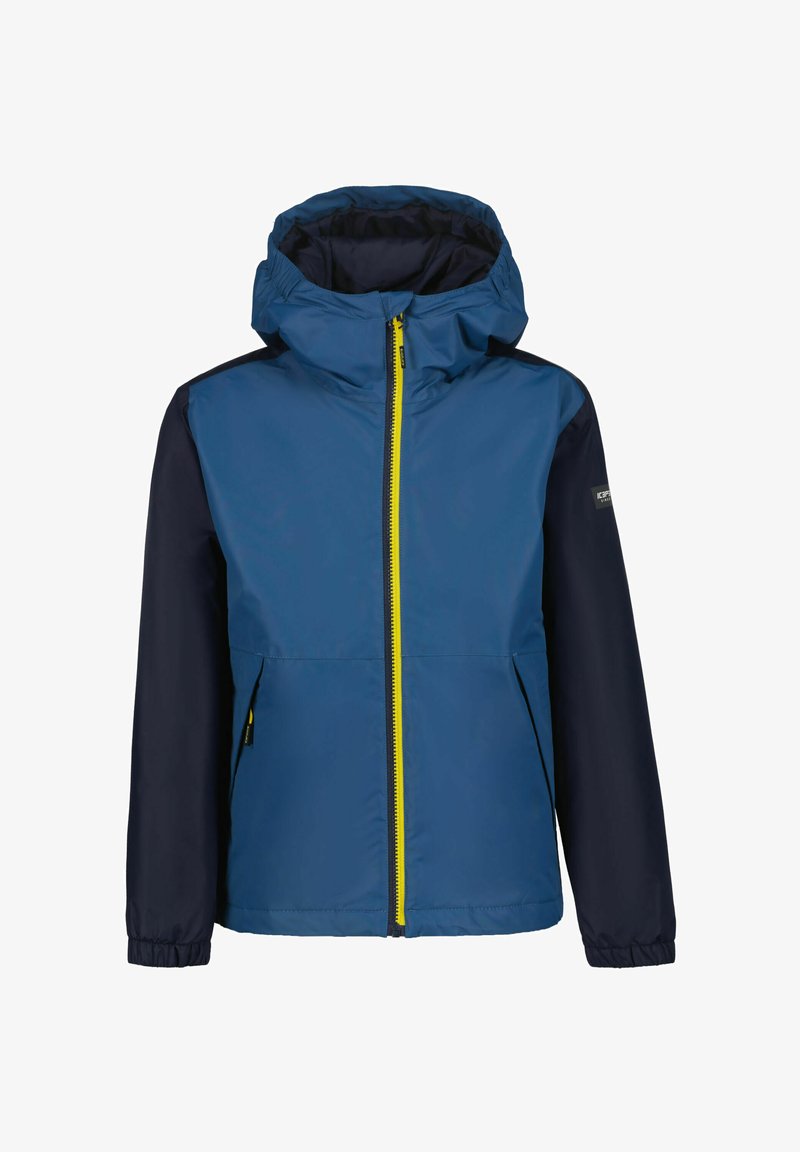 Blå og marineblå jakke med hætte, gul lynlås, lange ærmer og elastiske manchetter. Har et glat, vandafvisende materiale.
