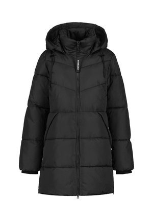 Zwarte gewatteerde jas met capuchon, ritssluiting en zijzakken. Heeft een gevoerde stof, elastische boorden en horizontale stikpatronen.